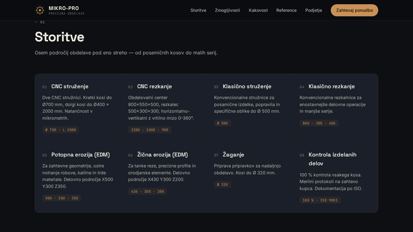 Sekcija Storitve — CNC struženje, rezkanje, EDM